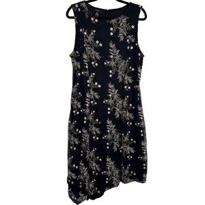 VTG 90s Alfani Black White Floral Design‎ Asymmetric Hem Dress Whimsigoth Sz16